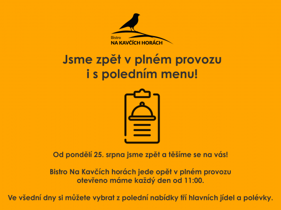 Od pondělí 25. 8. jsme zpět v plném provozu – i s poledním menu!